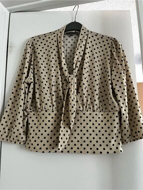 Polka Dot Tie-Neck Blouse in Beige and Black